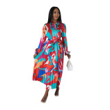 Women's Tie Long Sleeve Printed Pleated Dress