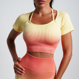Summer Gradient Women's Yoga Short-Sleeved T-Shirt Sports Shorts Tight Fitting Crop Elastic Two-Piece Set For Women