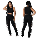 Women's Fashion Summer Style Cutout Tie Solid Color Ribbed Sleeveless Two-Piece Pants Set