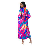 Women's Tie Long Sleeve Printed Pleated Dress