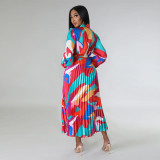 Women's Tie Long Sleeve Printed Pleated Dress