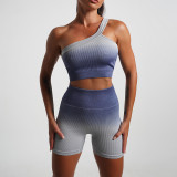 Summer Gradient Women's Yoga Short-Sleeved T-Shirt Sports Shorts Tight Fitting Crop Elastic Two-Piece Set For Women