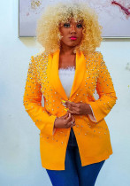 Women's Fashion Solid Color Beaded Turndown Collar Long Sleeve Blazer