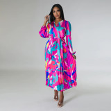 Women's Tie Long Sleeve Printed Pleated Dress