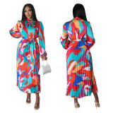 Women's Tie Long Sleeve Printed Pleated Dress