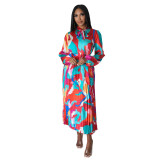 Women's Tie Long Sleeve Printed Pleated Dress