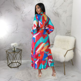 Women's Tie Long Sleeve Printed Pleated Dress