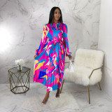 Women's Tie Long Sleeve Printed Pleated Dress