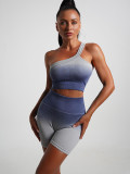 Summer Gradient Women's Yoga Short-Sleeved T-Shirt Sports Shorts Tight Fitting Crop Elastic Two-Piece Set For Women