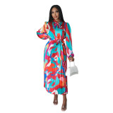 Women's Tie Long Sleeve Printed Pleated Dress
