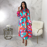 Women's Tie Long Sleeve Printed Pleated Dress