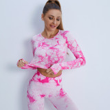 Peach Hip Fitness Pants Tie-Dye Yoga Clothing Sports Long-Sleeved Top Fitness Sports Trousers Yoga Suit Women
