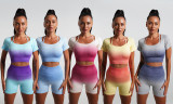 Summer Gradient Women's Yoga Short-Sleeved T-Shirt Sports Shorts Tight Fitting Crop Elastic Two-Piece Set For Women