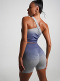 Summer Gradient Women's Yoga Short-Sleeved T-Shirt Sports Shorts Tight Fitting Crop Elastic Two-Piece Set For Women