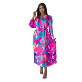 Women's Tie Long Sleeve Printed Pleated Dress