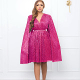 Belted V-Neck Chic Long Sleeve Cape Slim Waist Gown Dress