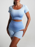 Summer Gradient Women's Yoga Short-Sleeved T-Shirt Sports Shorts Tight Fitting Crop Elastic Two-Piece Set For Women