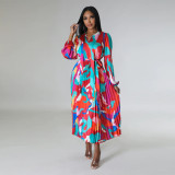 Women's Tie Long Sleeve Printed Pleated Dress