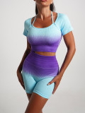 Summer Gradient Women's Yoga Short-Sleeved T-Shirt Sports Shorts Tight Fitting Crop Elastic Two-Piece Set For Women