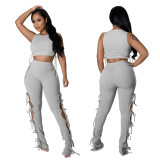 Women's Fashion Summer Style Cutout Tie Solid Color Ribbed Sleeveless Two-Piece Pants Set