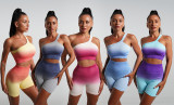 Summer Gradient Women's Yoga Short-Sleeved T-Shirt Sports Shorts Tight Fitting Crop Elastic Two-Piece Set For Women