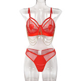 Women Metal Chain Willow Staring Grid Heart Print Pu Leather Sexy Underwear Two-piece Set