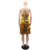 Women Deep V Sexy Camisole Ruffle Edge Print Backless Dress