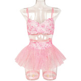 Women Floral Embroidered Tutu Skirt Sexy Lingerie Two-piece Set