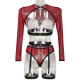 Women Mesh See-Through Lace-Up Three-Piece Sexy Lingerie