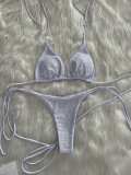 Women Sexy Beaded Solid Lace-Up Swimwear Bikini Two Pieces
