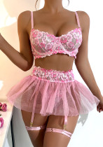 Women Floral Embroidered Tutu Skirt Sexy Lingerie Two-piece Set