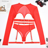 Women Mesh See-Through Lace-Up Three-Piece Sexy Lingerie
