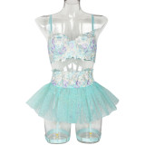 Women Floral Embroidered Tutu Skirt Sexy Lingerie Two-piece Set