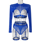 Women Mesh See-Through Lace-Up Three-Piece Sexy Lingerie