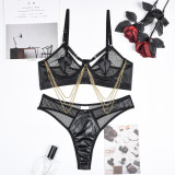 Women Metal Chain Willow Staring Grid Heart Print Pu Leather Sexy Underwear Two-piece Set