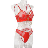 Women Metal Chain Willow Staring Grid Heart Print Pu Leather Sexy Underwear Two-piece Set