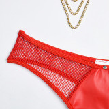 Women Metal Chain Willow Staring Grid Heart Print Pu Leather Sexy Underwear Two-piece Set