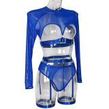 Women Mesh See-Through Lace-Up Three-Piece Sexy Lingerie