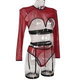 Women Mesh See-Through Lace-Up Three-Piece Sexy Lingerie