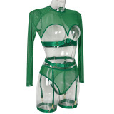 Women Mesh See-Through Lace-Up Three-Piece Sexy Lingerie