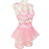 Women Floral Embroidered Tutu Skirt Sexy Lingerie Two-piece Set