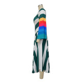 Women's Fashion V Neck Bell Bottom Sleeves Contrast Color Maxi Dress Slim Waist Dress