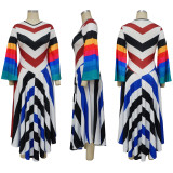 Women's Fashion V Neck Bell Bottom Sleeves Contrast Color Maxi Dress Slim Waist Dress