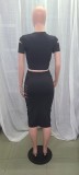 Women's Print Short Sleeve Top Tight Fitting Midi Skirt Two Piece Set
