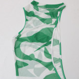 Women's Summer Digital Printing Irregular Mesh Dress Bikini Three-Piece