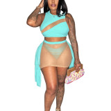 Sexy Solid Color Mesh Patchwork Lace Summer Swimsuit Bikini Sexy See-Through Three-Piece