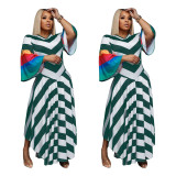 Women's Fashion V Neck Bell Bottom Sleeves Contrast Color Maxi Dress Slim Waist Dress