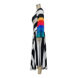 Women's Fashion V Neck Bell Bottom Sleeves Contrast Color Maxi Dress Slim Waist Dress