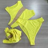 Sexy Solid Color Mesh Patchwork Lace Summer Swimsuit Bikini Sexy See-Through Three-Piece