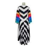 Women's Fashion V Neck Bell Bottom Sleeves Contrast Color Maxi Dress Slim Waist Dress
